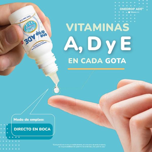 Vitamina ONEDROP ADE | Frasco de 3 ML 114 Gotas | Vitamina A, D3 y E | Multivitamínico | Sin Azúcar | Sin Sabor