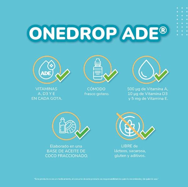 Vitamina ONEDROP ADE | Frasco de 3 ML 114 Gotas | Vitamina A, D3 y E | Multivitamínico | Sin Azúcar | Sin Sabor