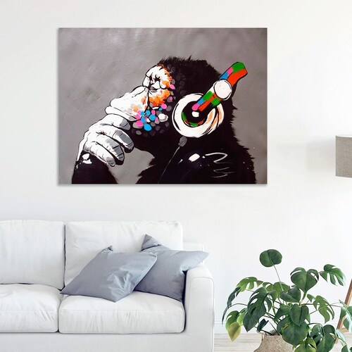 Cuadro Canvas Arte Moderno Simio Audífonos Chango Pensando