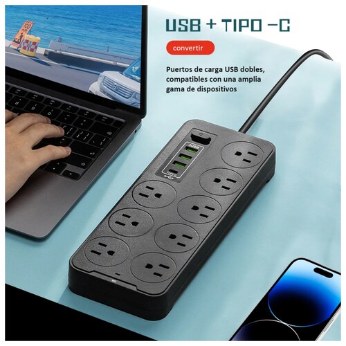 3 Multicontactos Usb 2500w,3m Cable 8 Salidas+3 Usb+1 Tipo C Negro