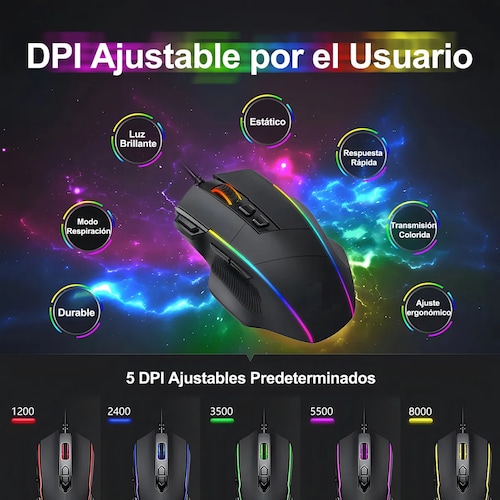 Mouse Con Botones Programables Mouse Gamer RGB Con Botón de Disparo Malubero, 8 Botones Programables Negro